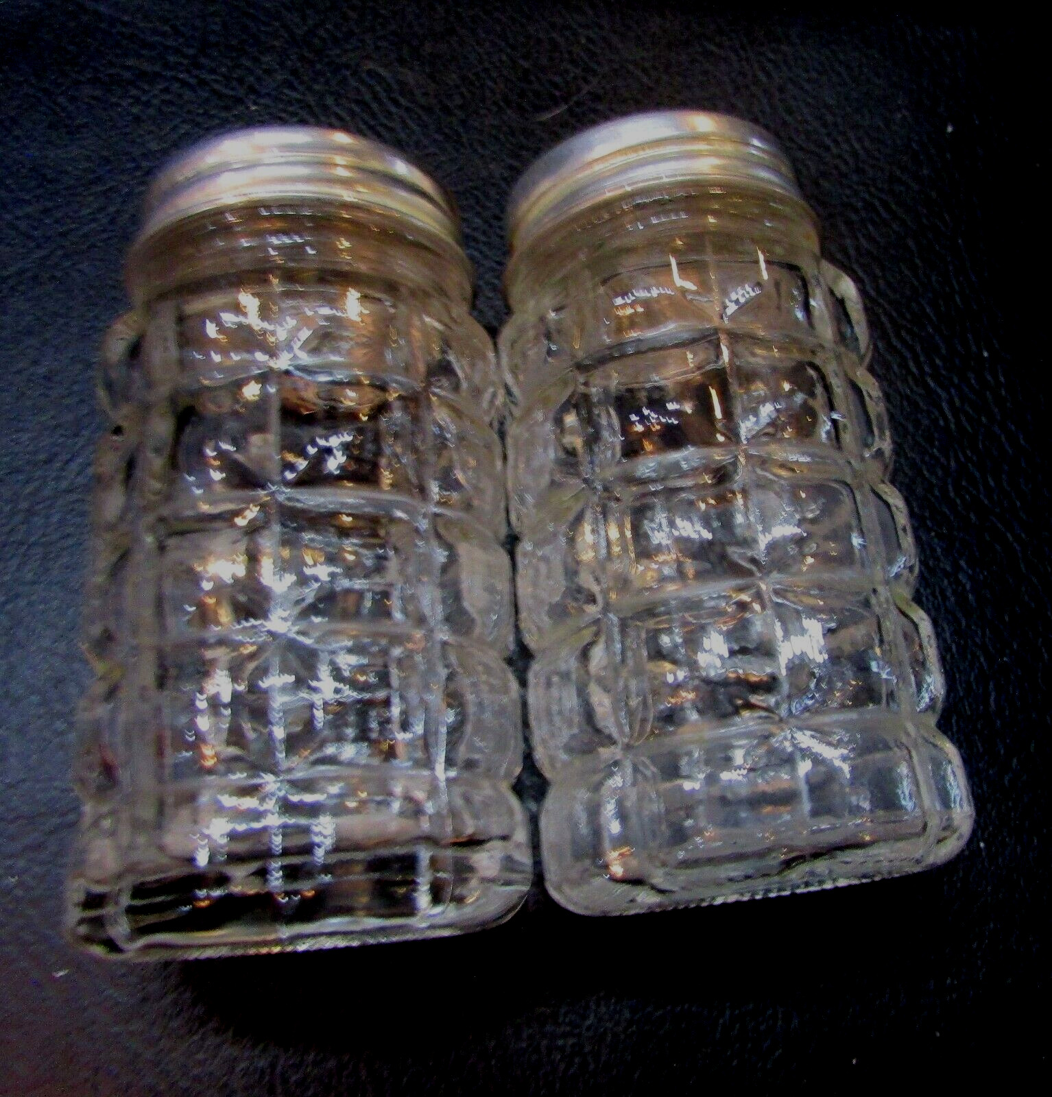 Vintage 1950s Anchor Hocking Clear Glass Checked Waffle Cafe Salt Pepper Shaker