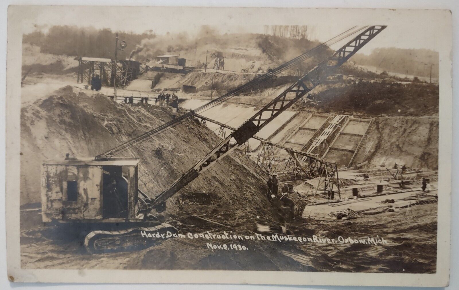 Vintage Postcard RPPC Hardy Dam Construction Muskegon River Oxbow MI c AA28