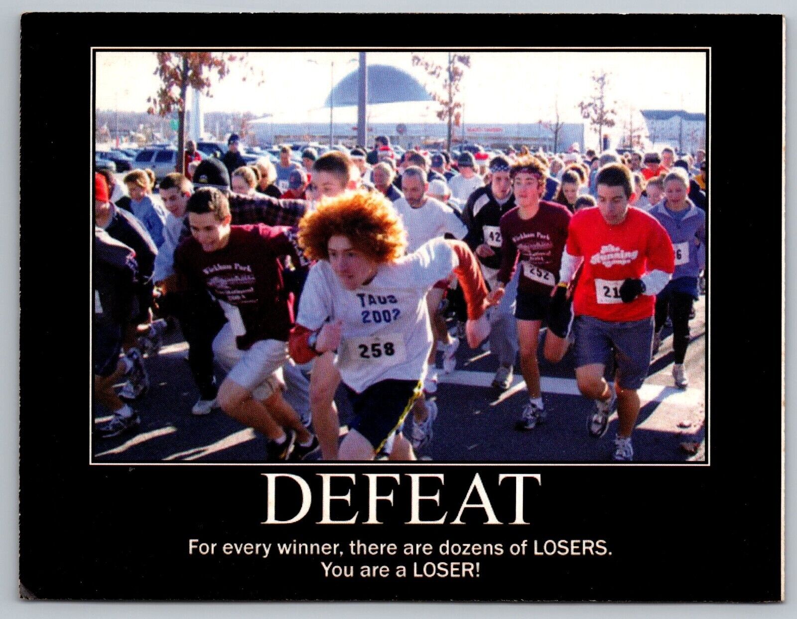 Demotivational unused postcard about defeat. Showing the reality of competition.