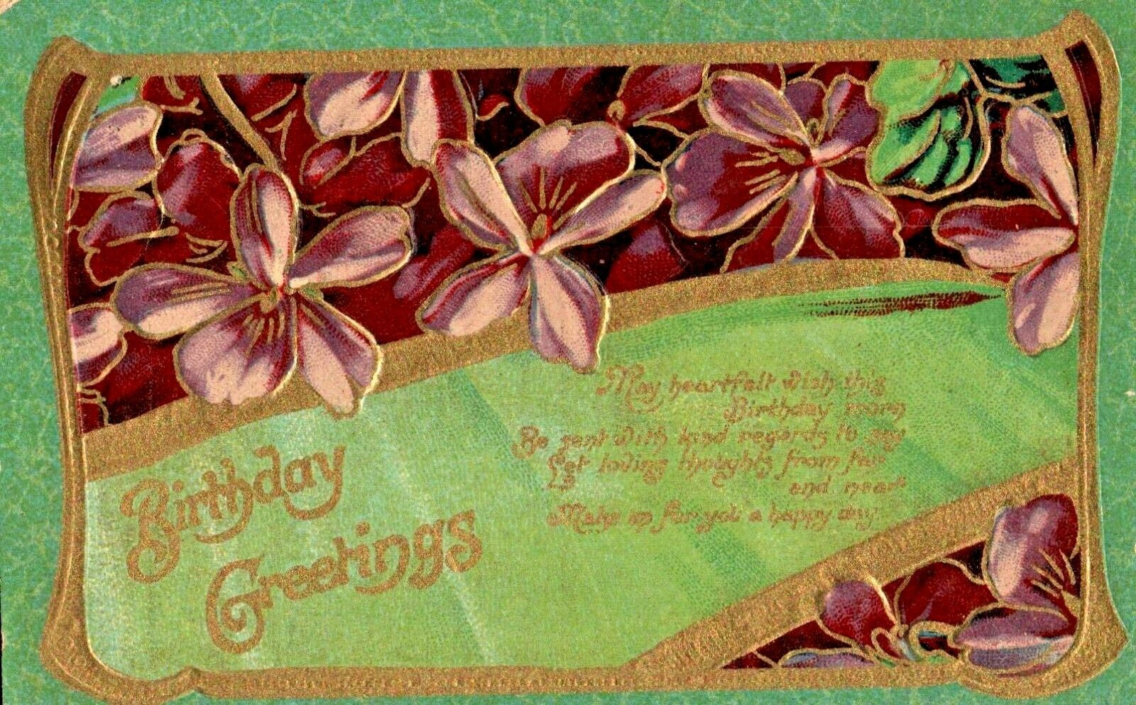 c.1910 Birthday Greetings Floral Vintage Postcard Green Gold Embossed