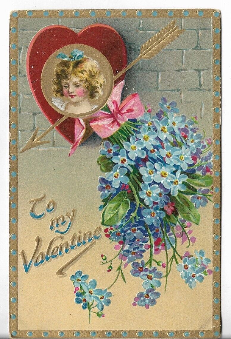 VTG Valentine Postcard - Tuck\'s To My Valentine Girl Inside Heart Blue Flowers