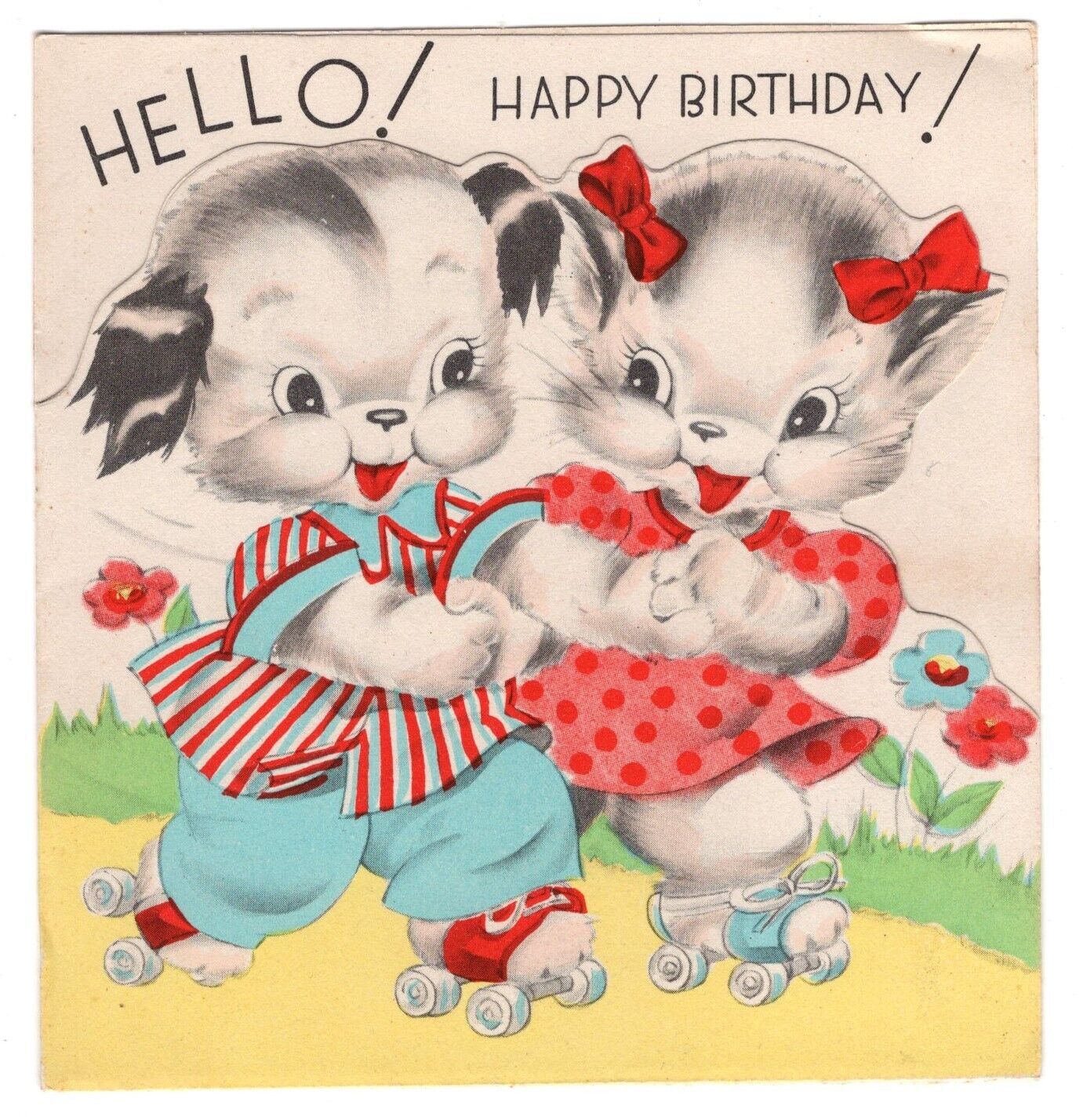 Vtg Rust Craft Birthday Card  Anthropomorphic Puppy Kitten on roller skates 1940