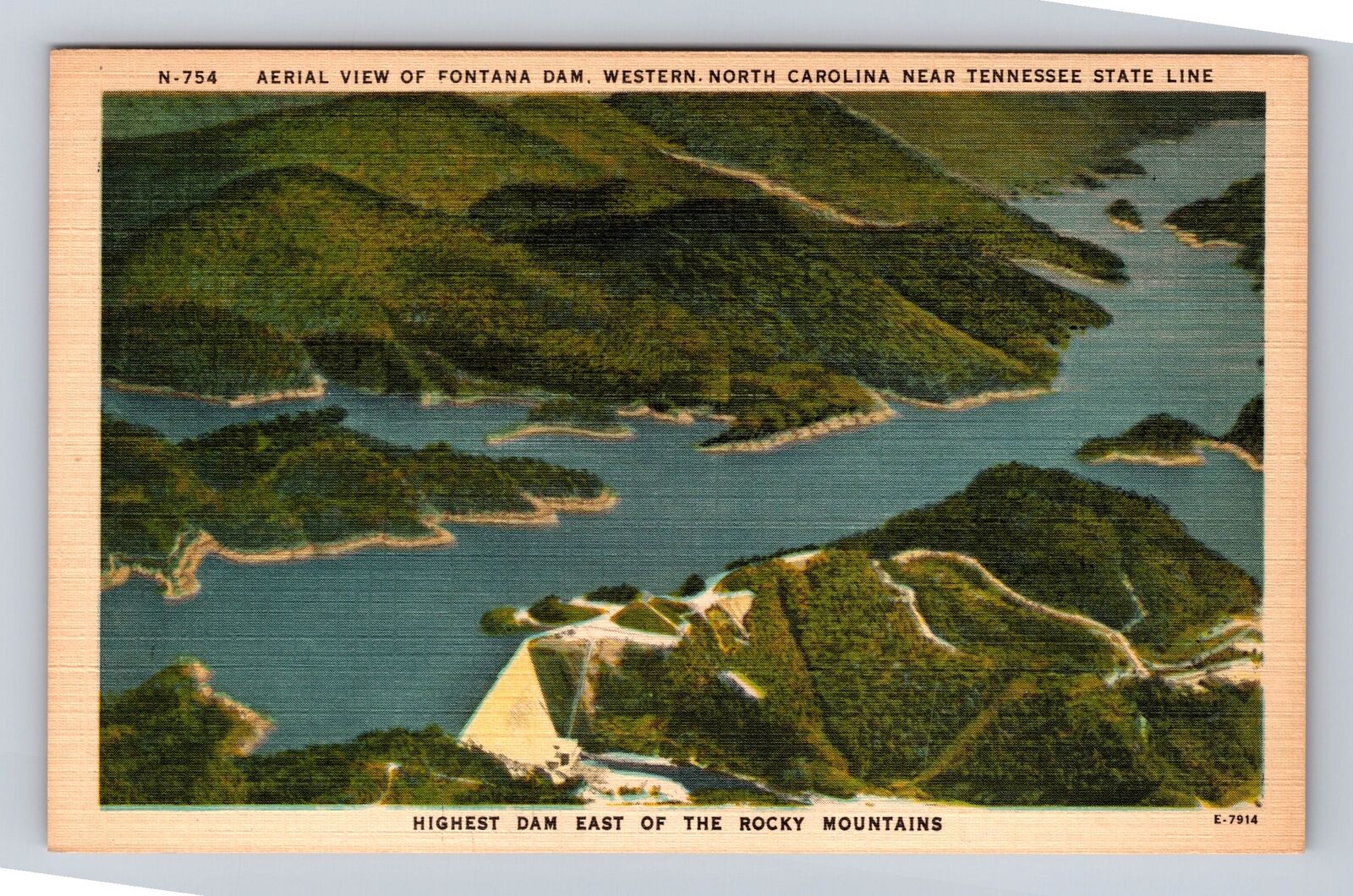 Fontana Dam NC-North Carolina, Aerial Of Lake Area, Antique, Vintage Postcard