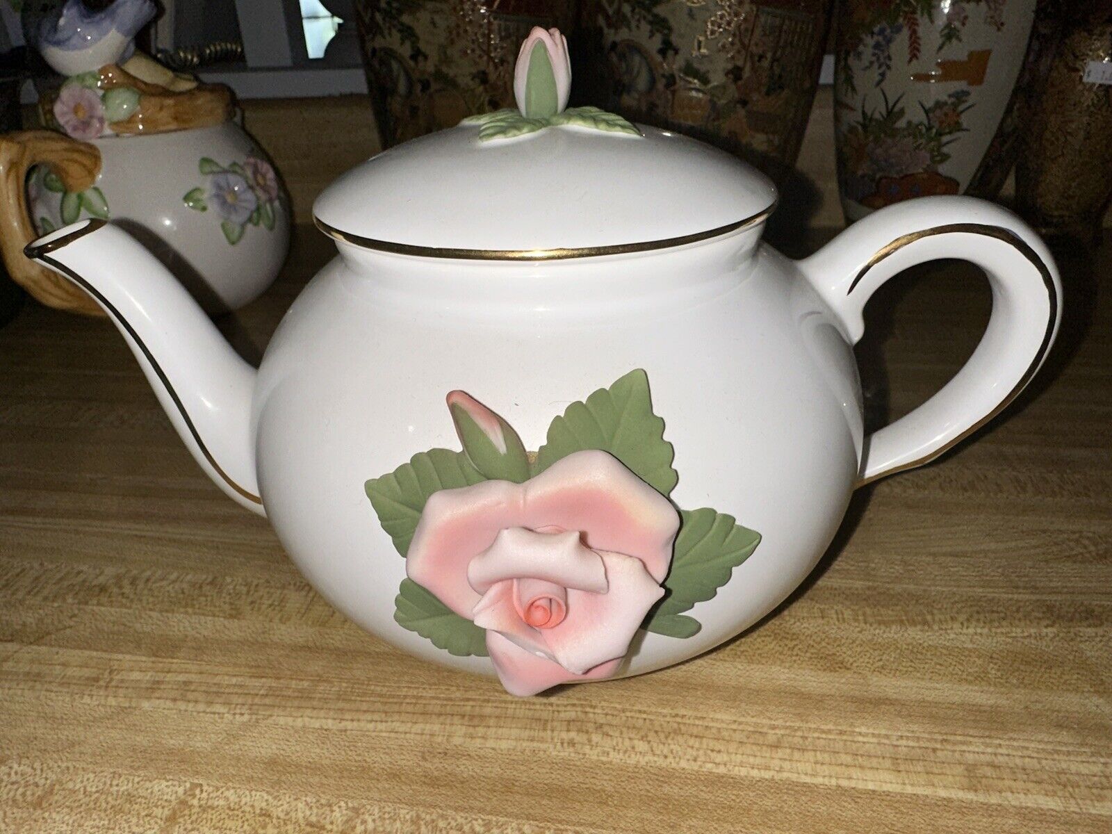 Teleflora Gift Porcelain Tea Pot Pink 3D Flower 6”
