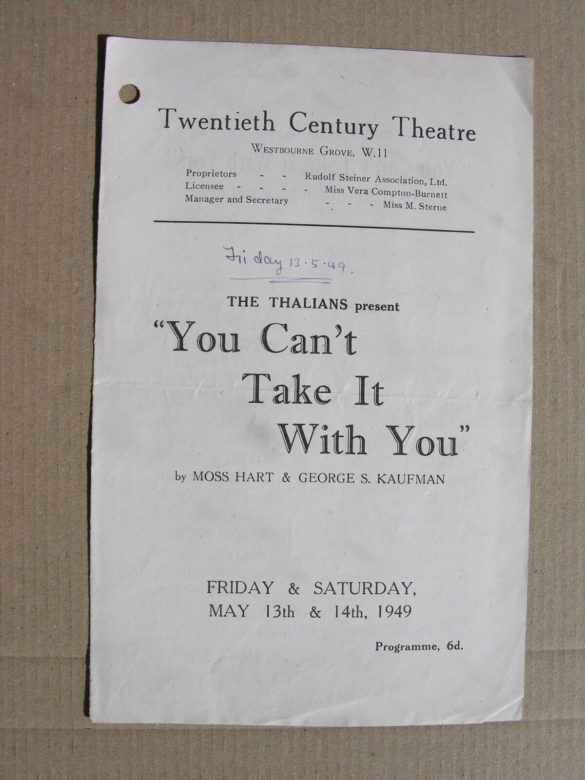 1949 YOU CAN’T TAKE IT WITH YOU, The Thalians, Twentieth Century Theatre