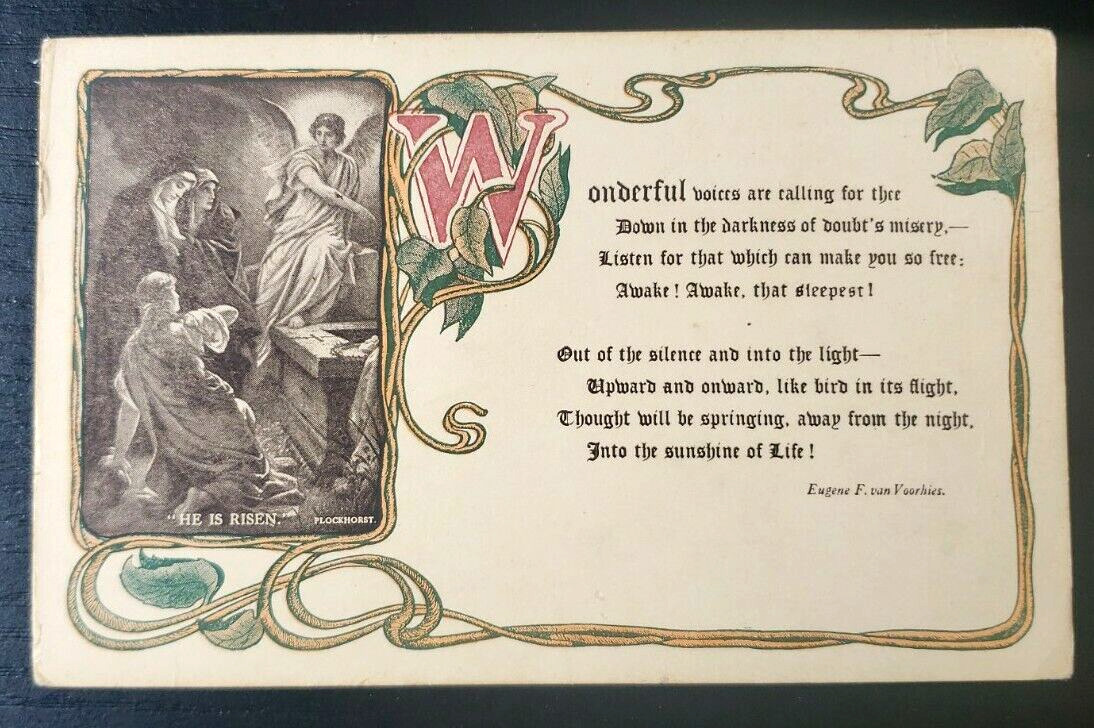 Religious Antique Postcard~ He Is Risen~ Plockhorst~ Poem Eugene F. van Voorheis