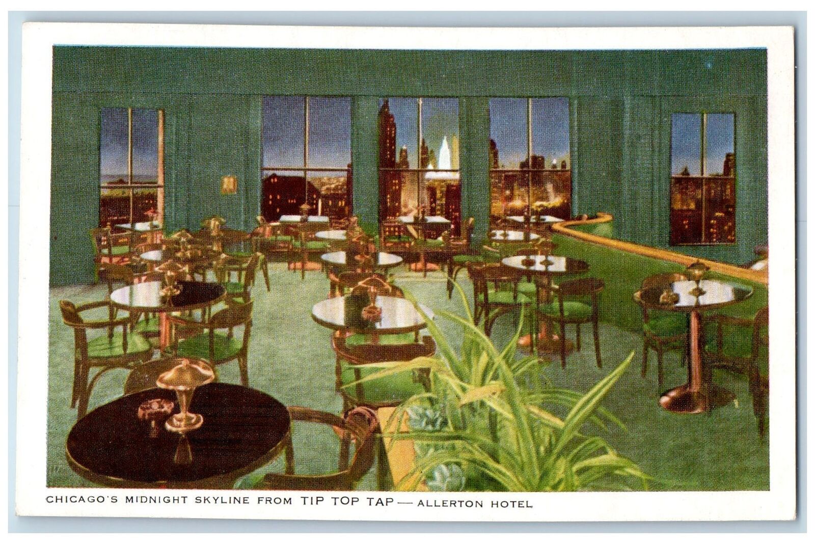 Chicago Illinois Postcard Allerton Hotel Midnight Skyline From Tip Top Tap c1940