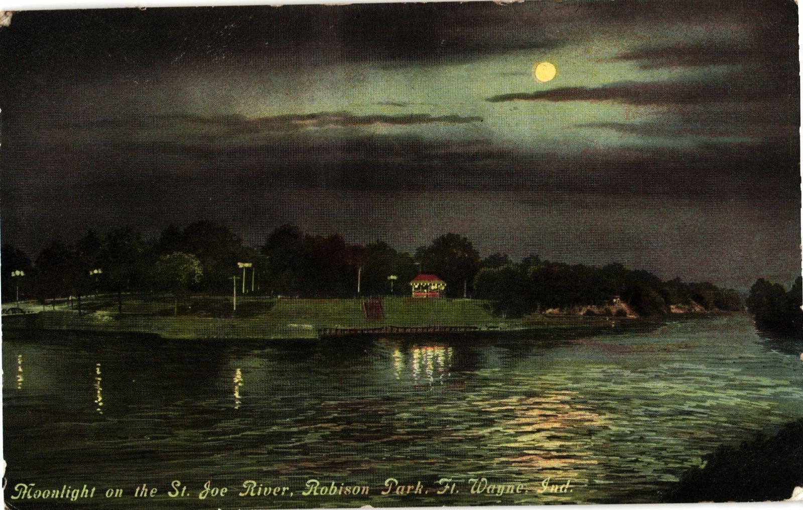 Moonlight on St. Joe River Robison Park Fort Wayne IN Divided Postcard c1910