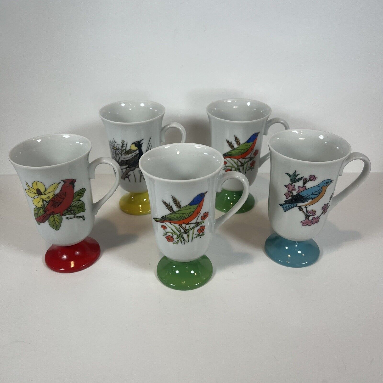Set Of 5 Vintage Fred Roberts Song Bird Pedestal Irish Coffee/Tea Mugs Cups