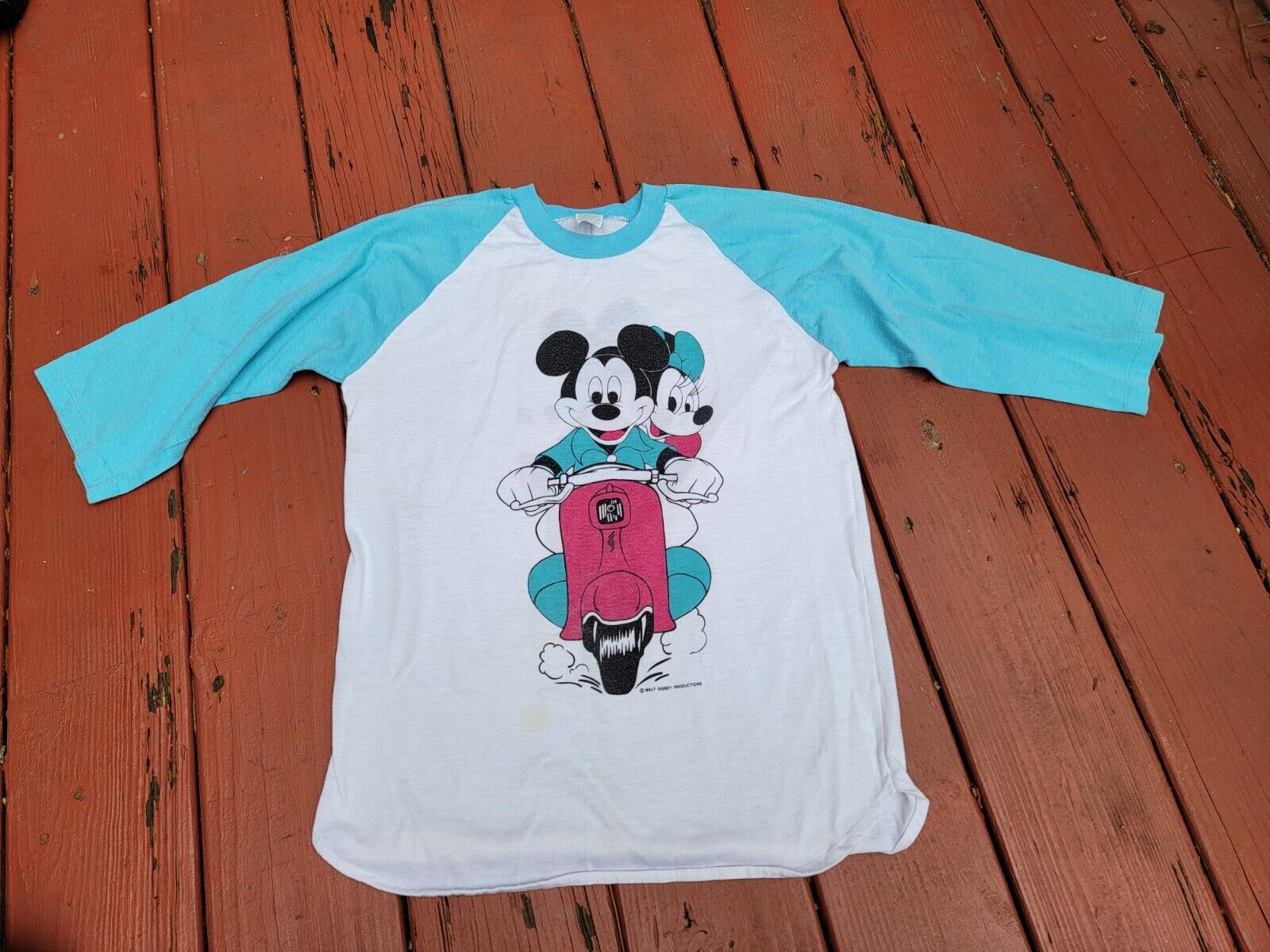 80s Vintage Mickey Minnie Mouse Shirt Womens Size Large ¾ Sleeve  Scooter Moped