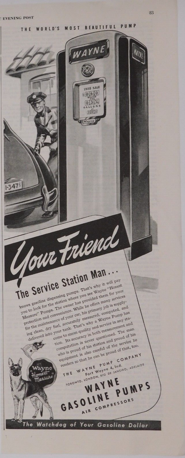 1945 Wayne Gasoline Vintage Print Ad Pumps Service Station Man Honest Measure