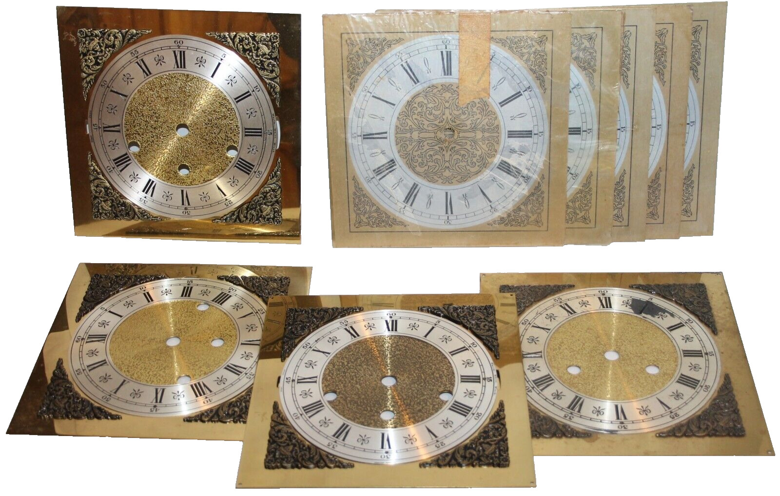 (9) Square Gold Colored Metal Clock Face Dial Lot 7-7/8\