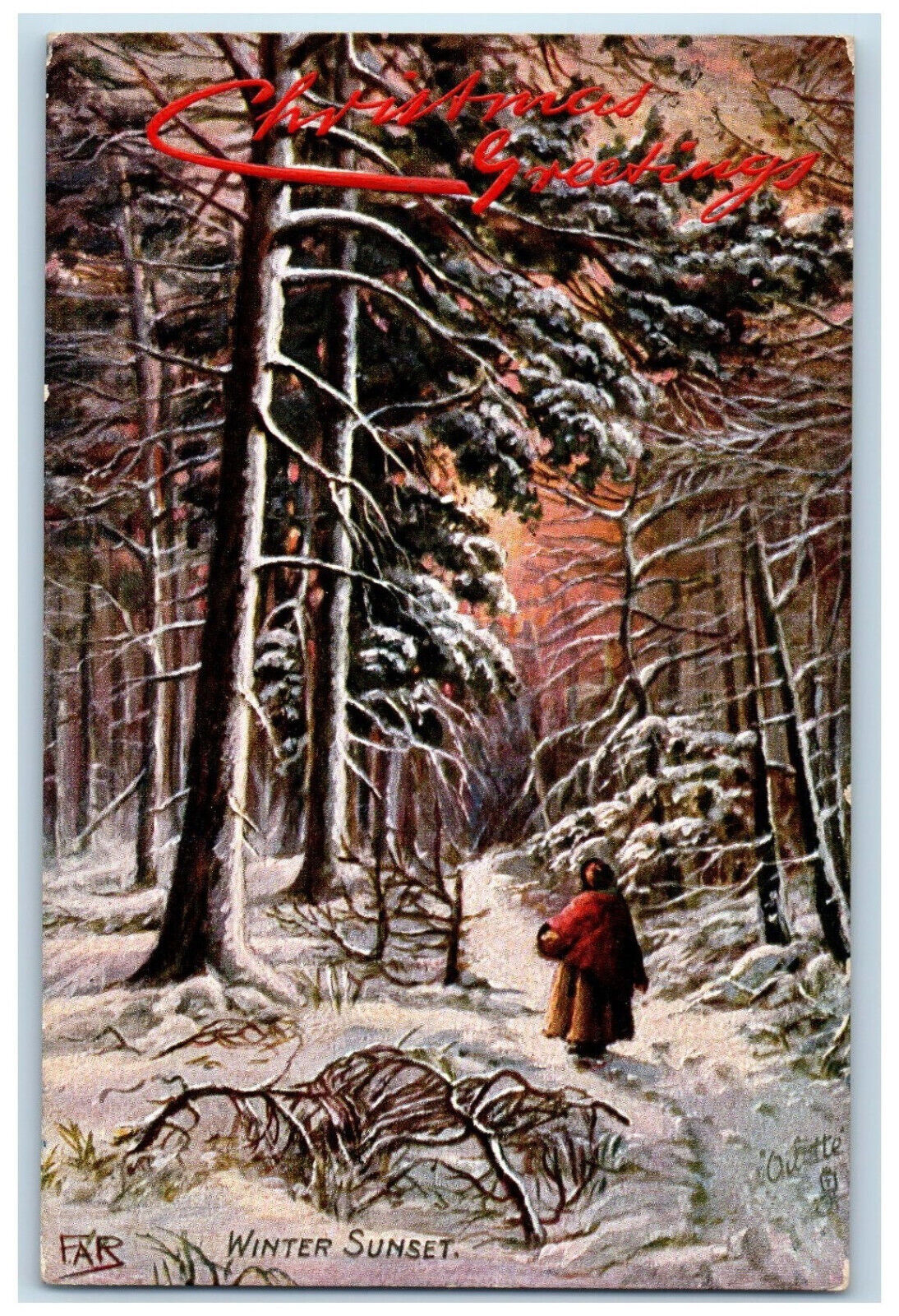 c1910 Winter Sunset Winter in the Woods Oilette Tuck Art Posted Postcard