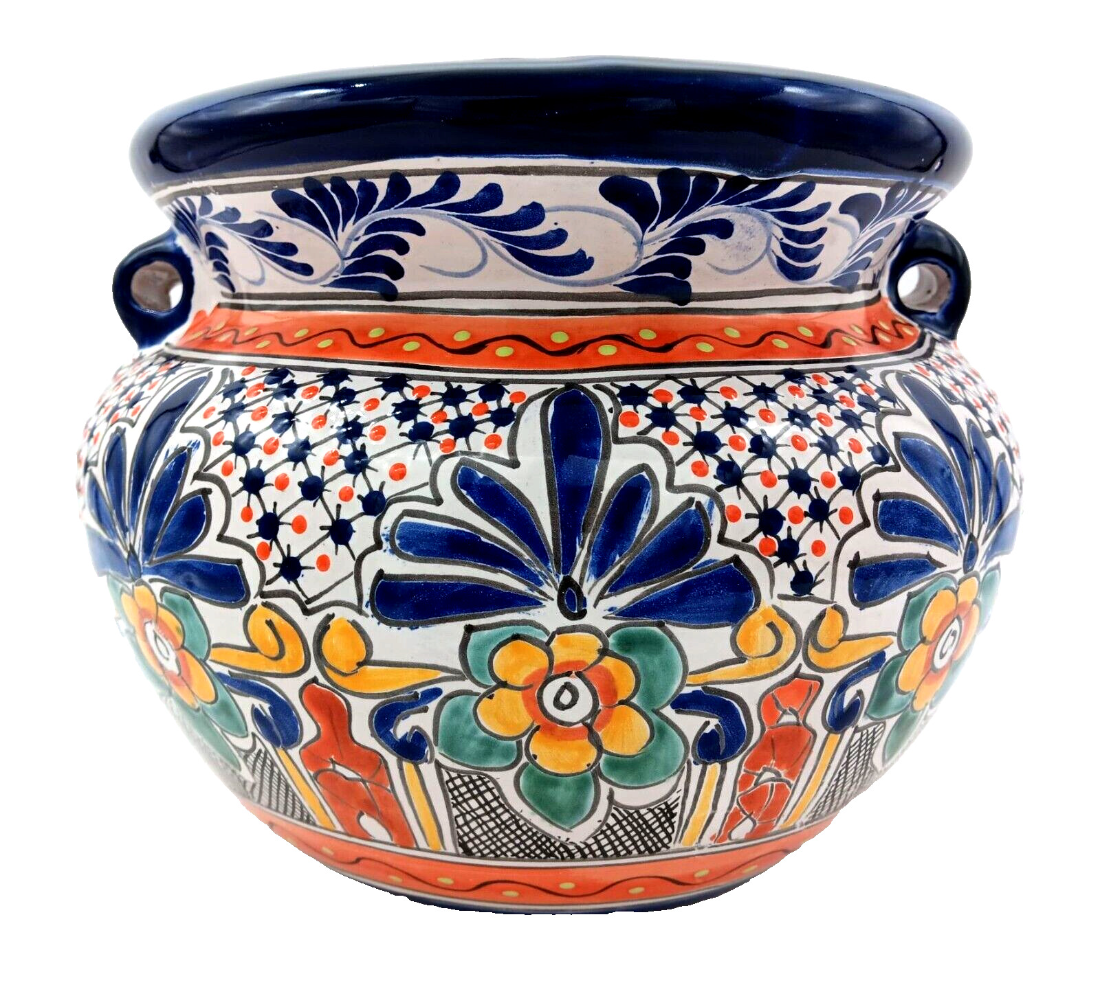 Talavera Pottery Planter Mexican Ceramic Flower Pot Blue Orange Puebla 12\