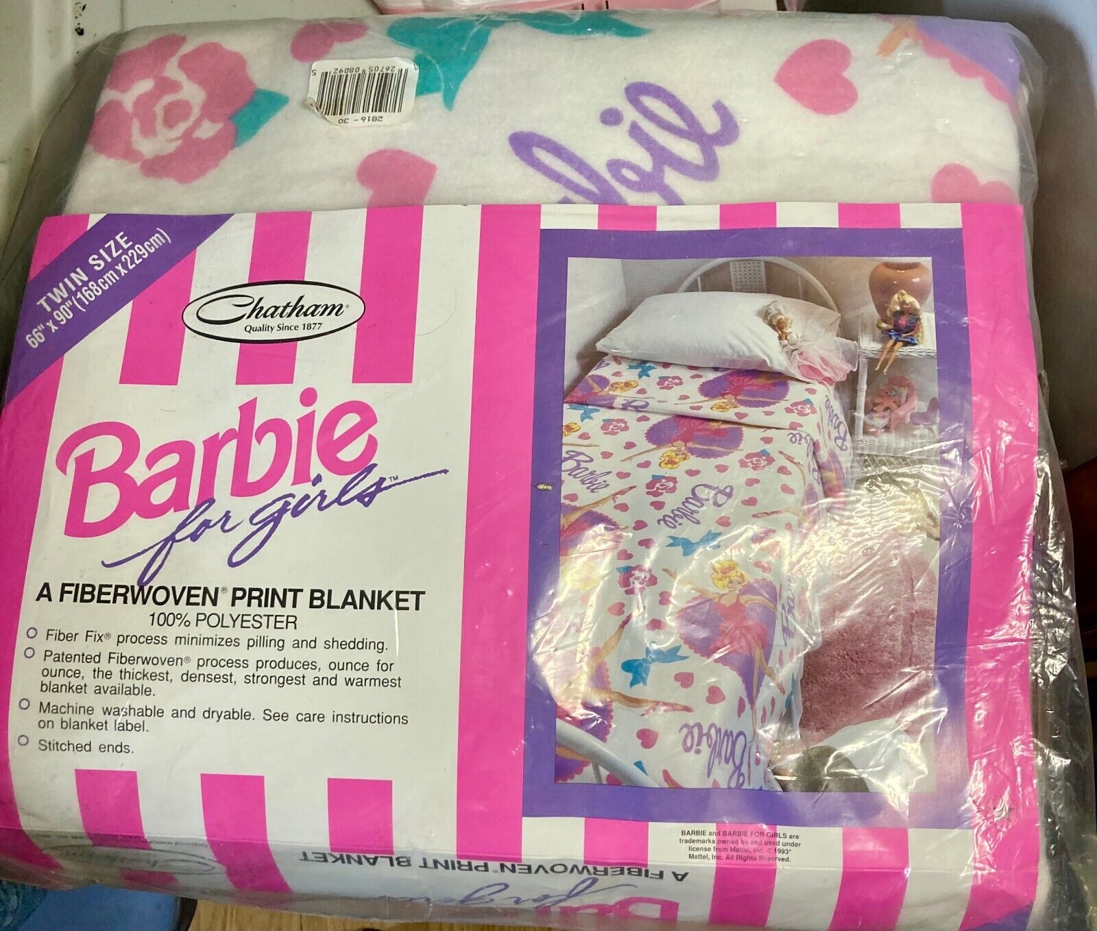Barbie print, fiberwoven, Polyester, twin blanket 1993