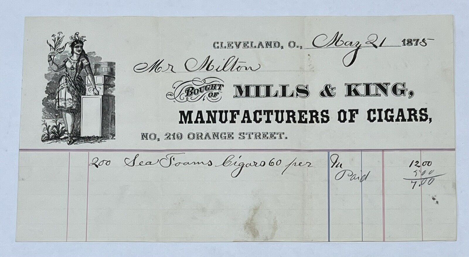 1875 Mills & King Manufacturers of Cigars Receipt Cleveland Ohio Indian Logo