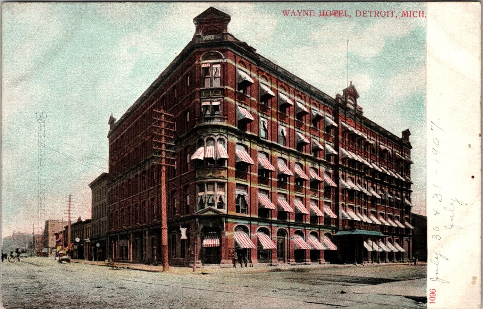 1907. WAYNE HOTEL. DETROIT, MICH. POSTCARD UNPOSTED