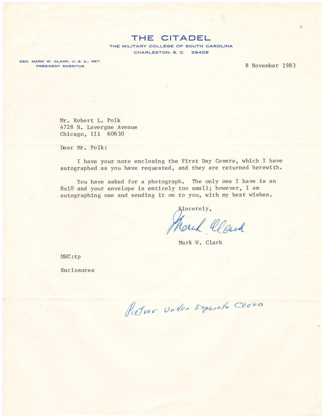 Typewritten Letter Signed by Mark W. Clark in 1983  w/COA