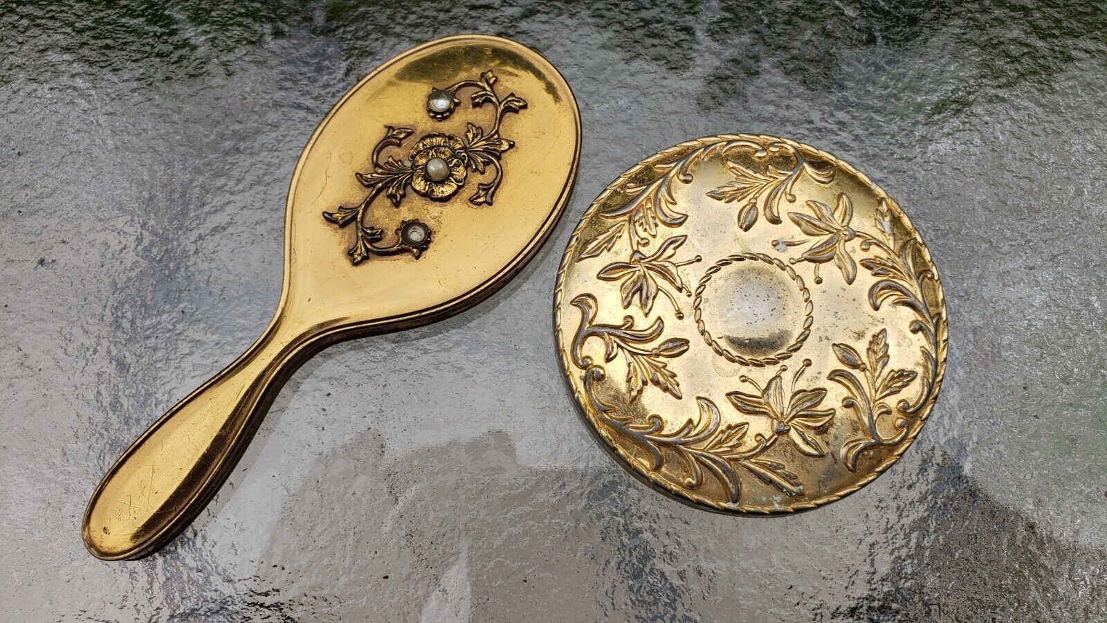 Vintage Gold Color Brass Compact Purse Mirror & Handheld Ornate Vanity Antique