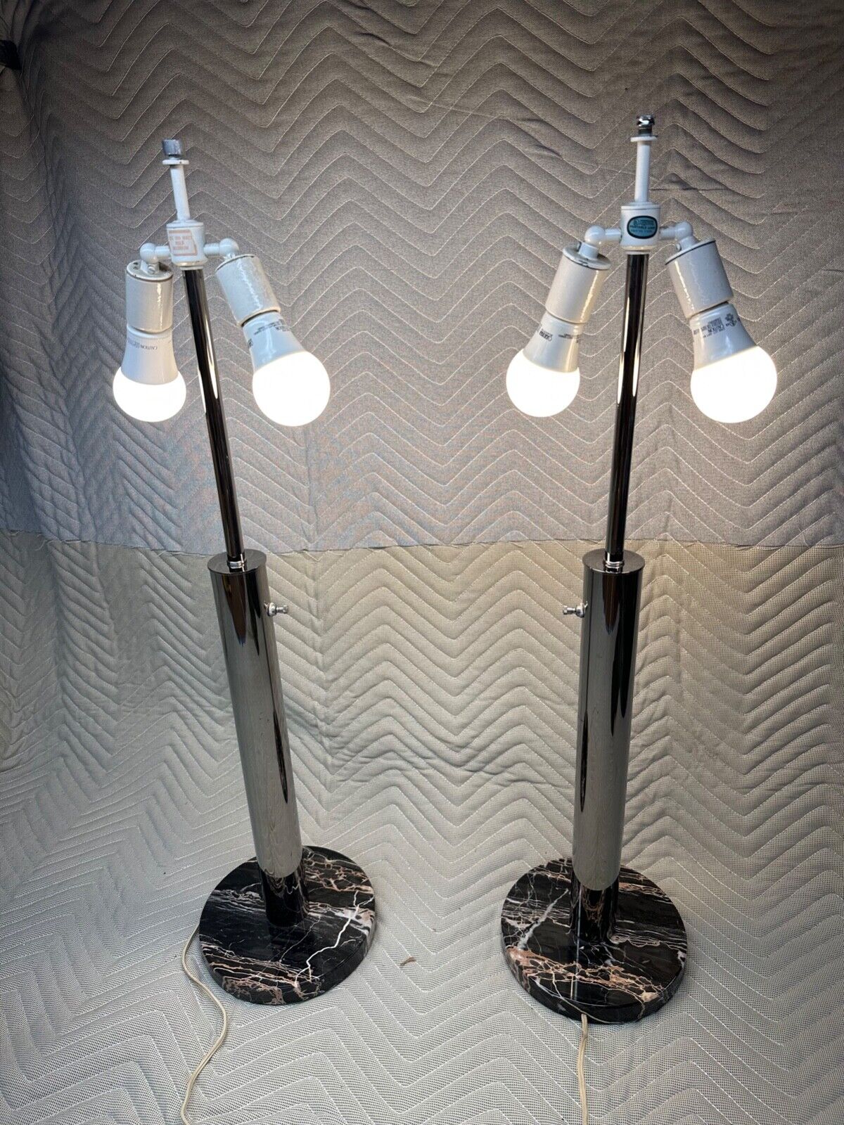 PAIR of 1950\'s Nessen Chrome Black Portoro Marble Skyscraper Table Lamps Vintage