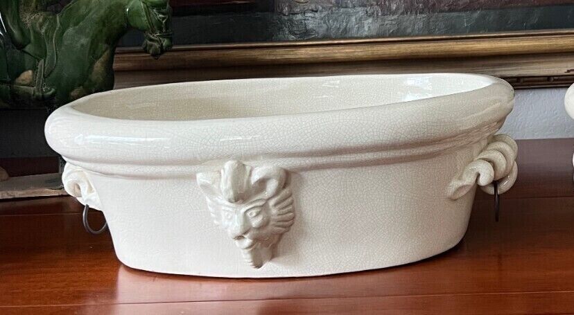 Vintage Lions Head Pottery Planter/Decorative Bowl - Crackle Beige