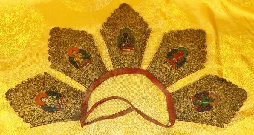 Real Rare Tibet 1700s Old Buddhist Thangka Buddha Crown Hat Five Dhyani Buddhas