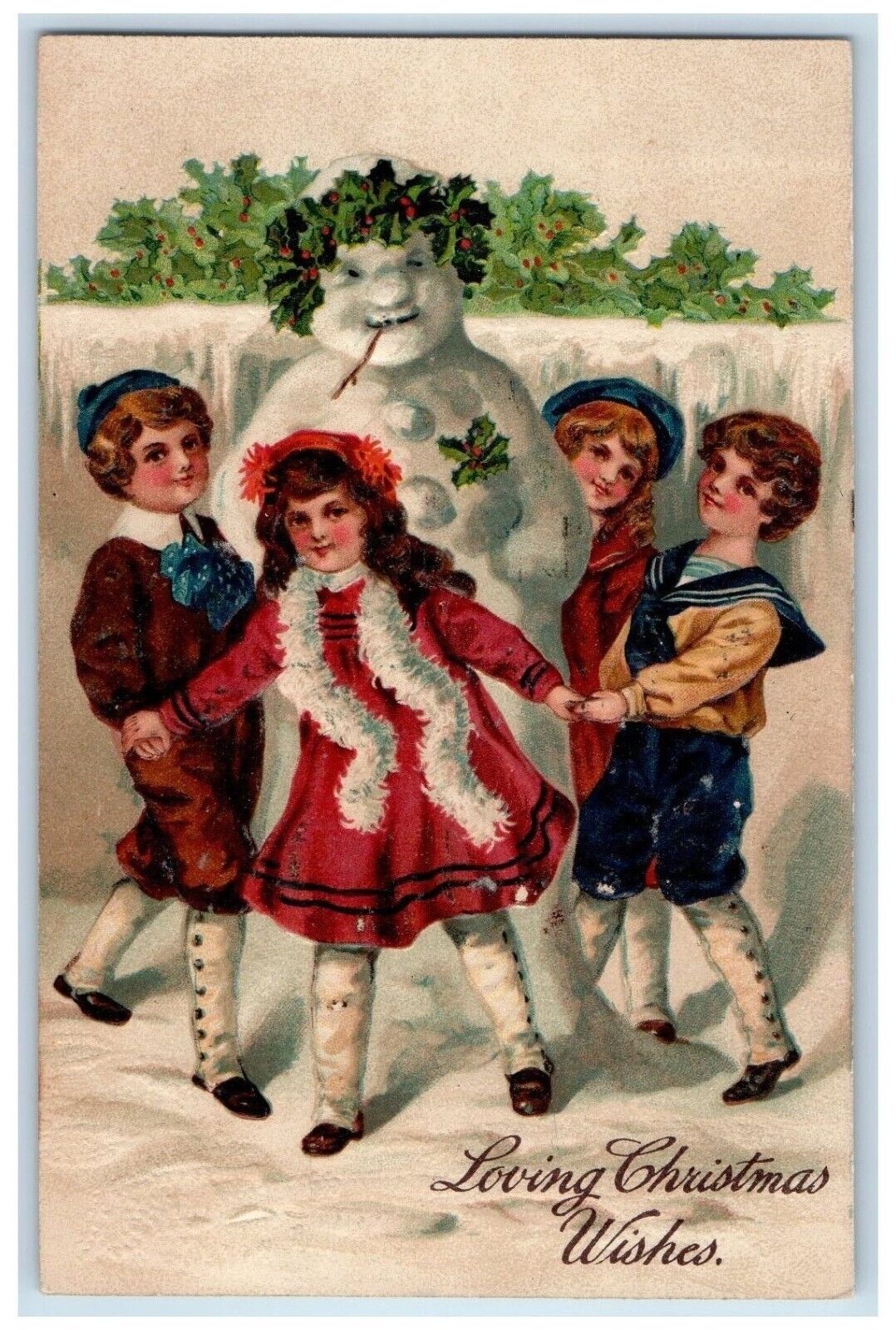 1908 Christmas Wishes Childrens Snowman Holly Berries Winter Snow Postcard