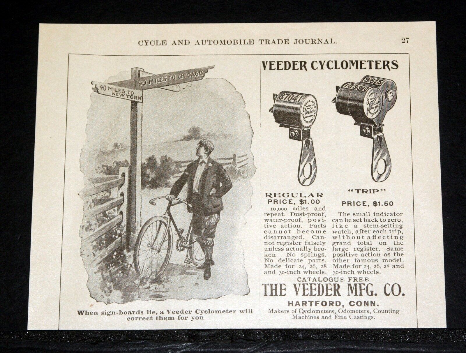 1900 OLD MAGAZINE PRINT AD, VEEDER BICYCLE CYCLOMETERS, REGULAR OR TRIP, MILES
