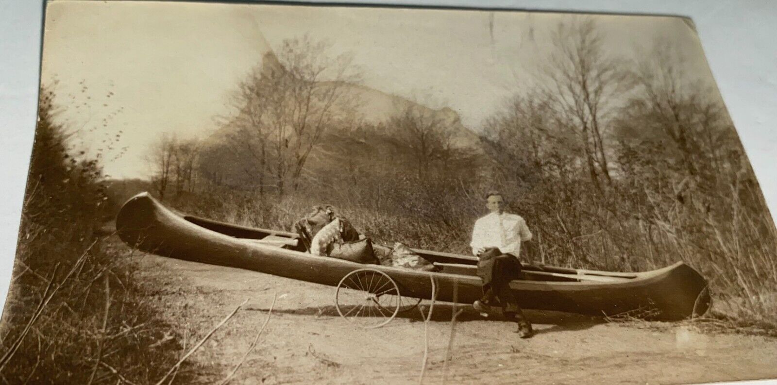 Rare Antique Outdoor American Man & Canoe on Wheels & Bags Snapshot Photo US