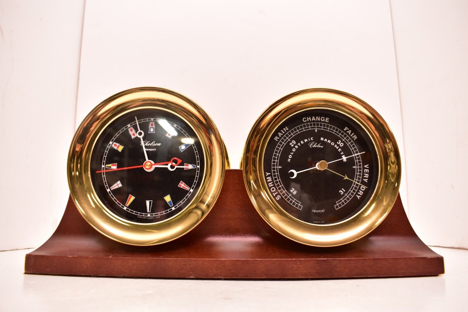 VTG Chelsea Black Flag Newport Ships Clock Barometer Set Nautical W Stand Brass