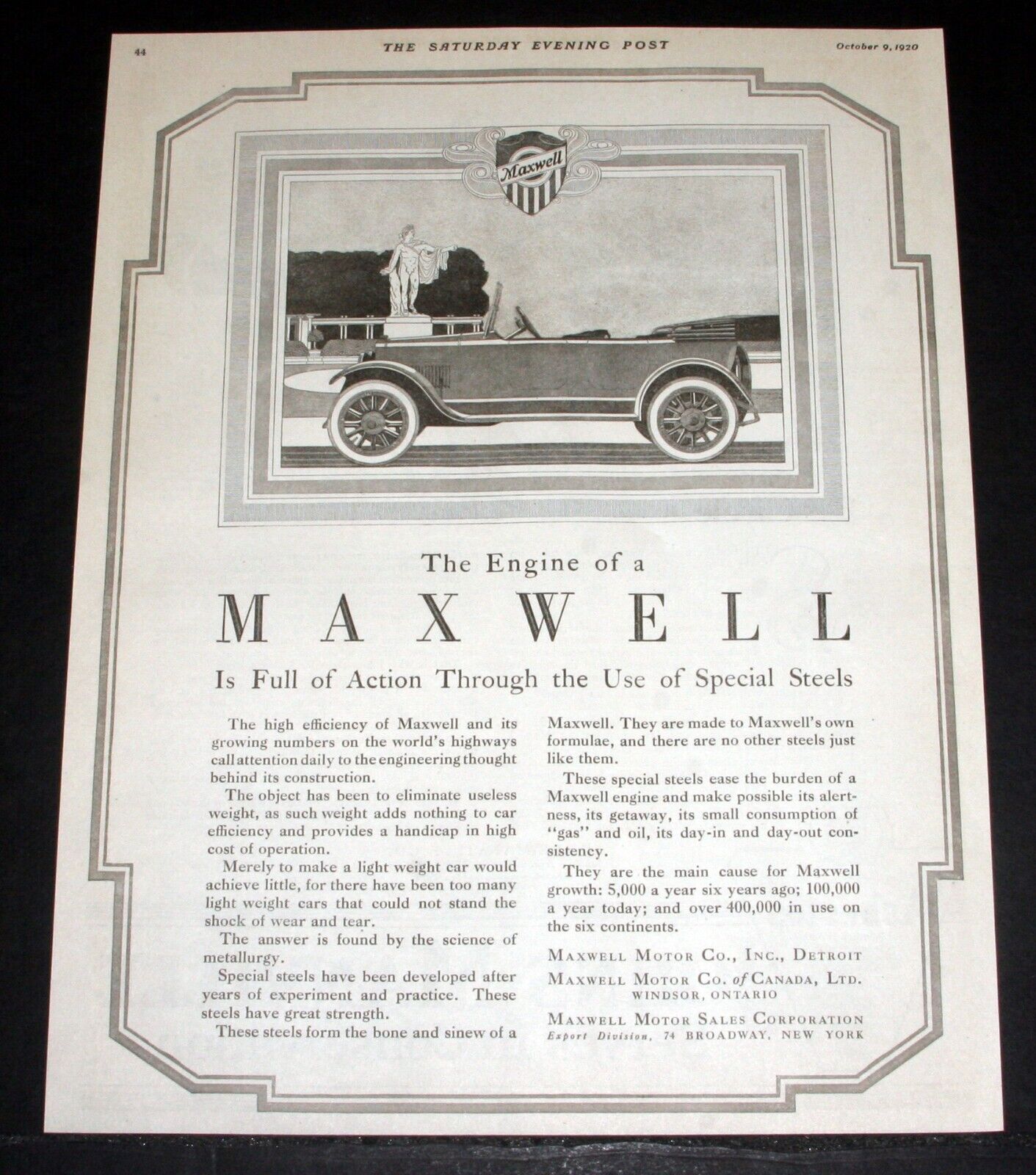 1920 OLD MAGAZINE PRINT AD, MAXWELL MOTOR CARS, SPECIAL STEELS USED IN ENGINE