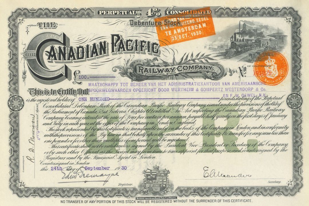 Canadian Pacific Railway Co. - dated 1920's-30's Railroad Stock Certificate - Go
