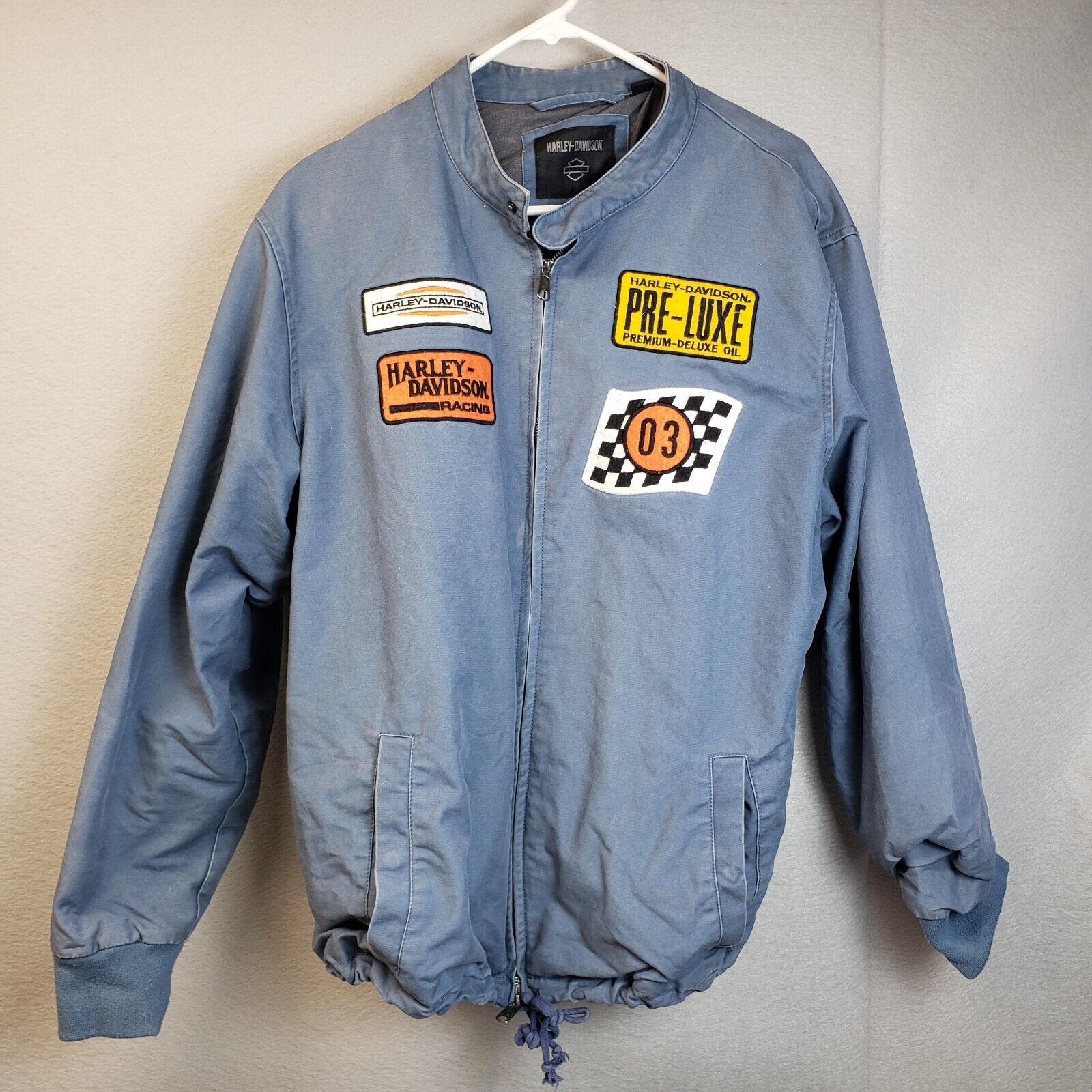 Harley Davidson Retro Racing Jacket Mens XL Patches Blue
