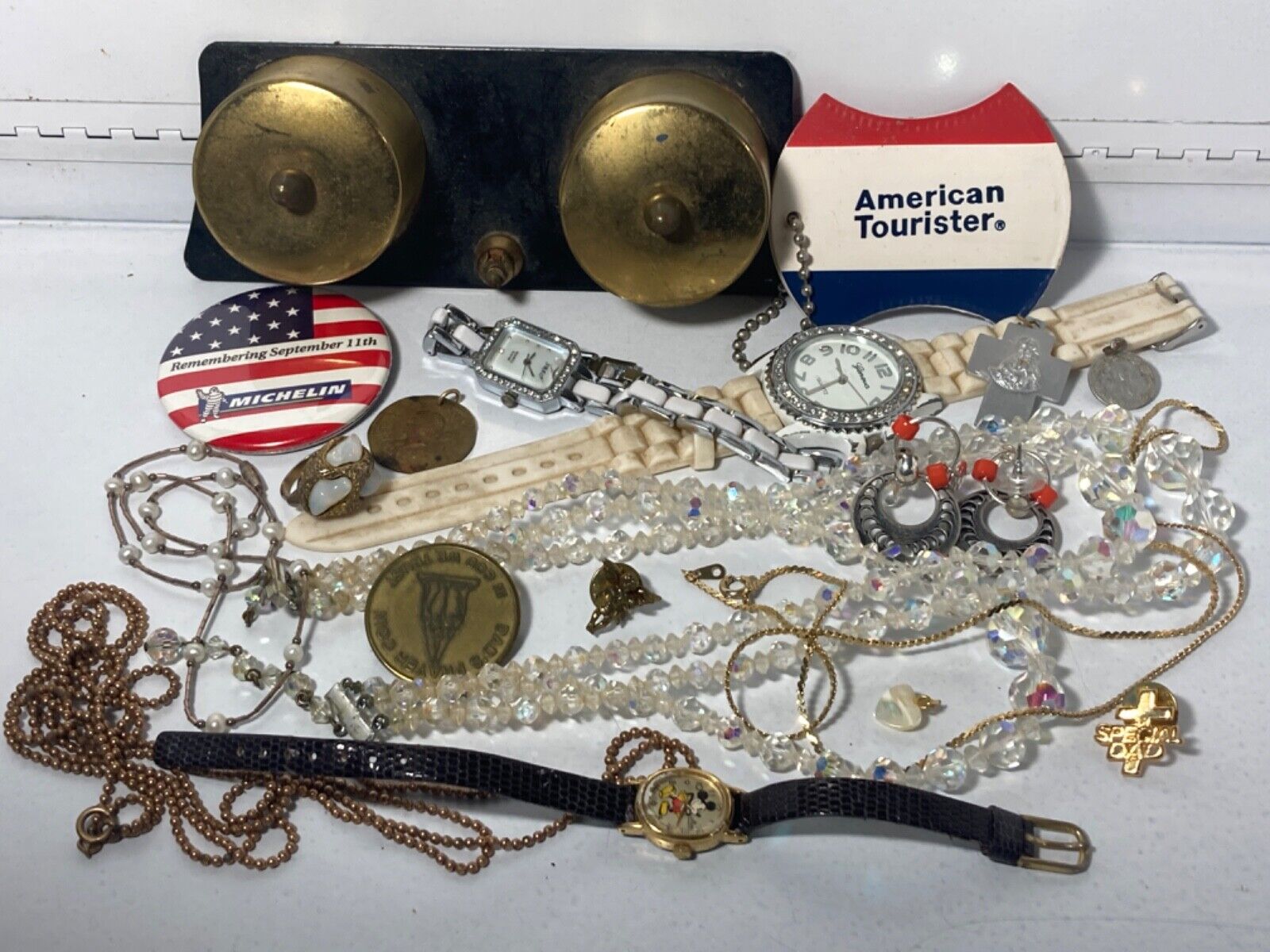 Vintage Junk Drawer Lot Jewelry Ring Watches Hercules Medal Religious Pins #241