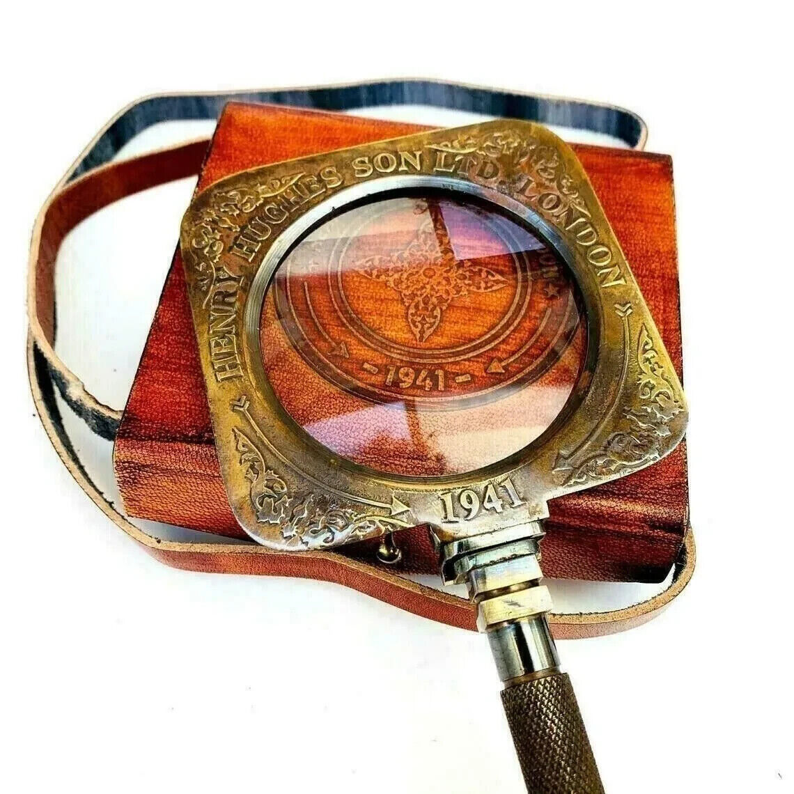 Antique Brass Vintage Henry Hughes Desk Magnifier Folding Magnifying Glass Gift