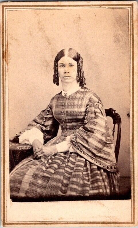 Woman in Curls with Plaid, Dress, CDV Photo, c1860s #1978