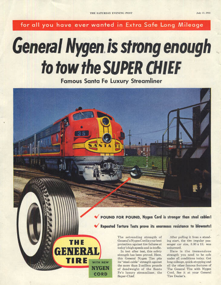 General Tire Nygen Cord pulls Santa Fe RR Super Chief ad 1954 SEP