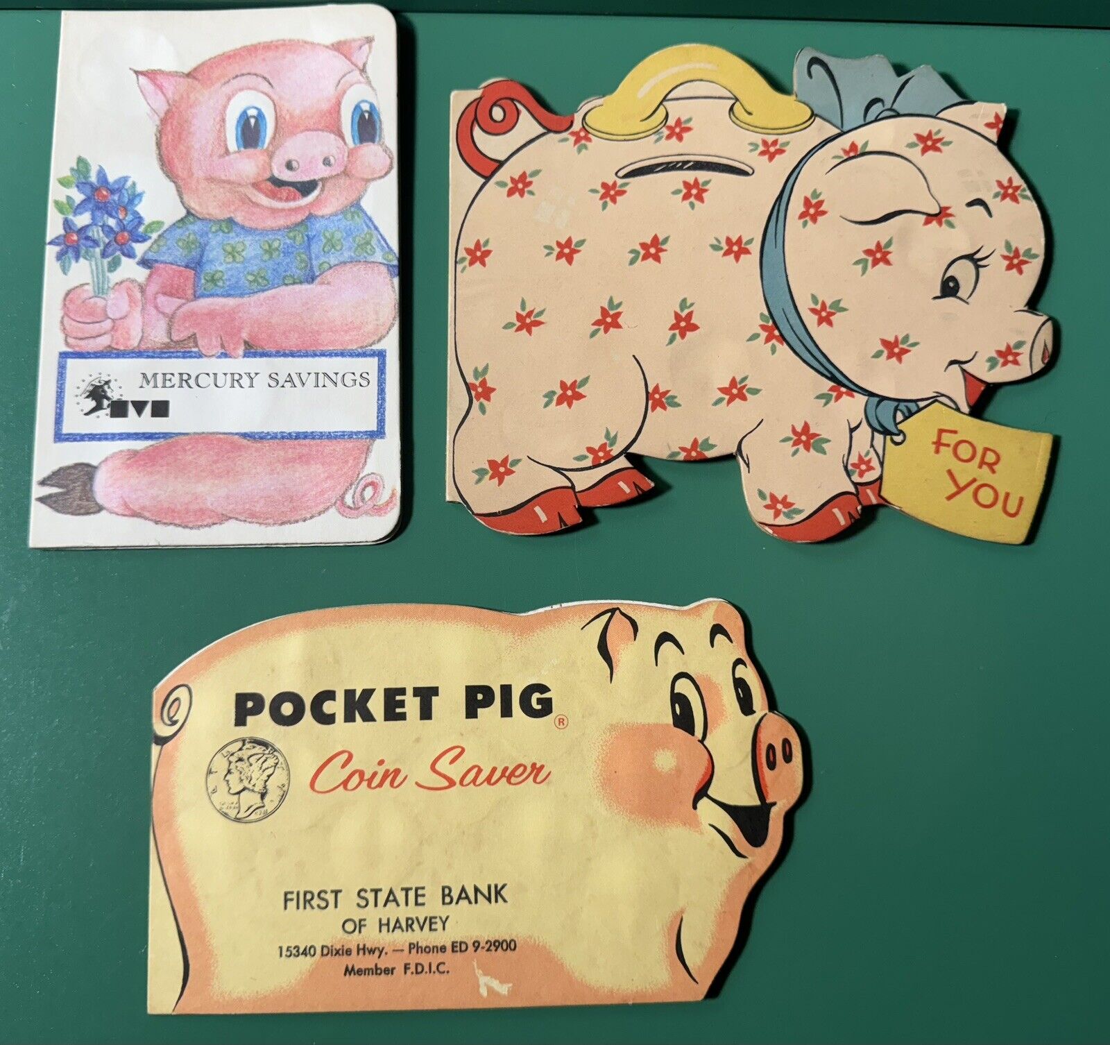 Vintage Advertising Piggy Quarter Saver and Piggy Dime Saver, piggy Saver Card