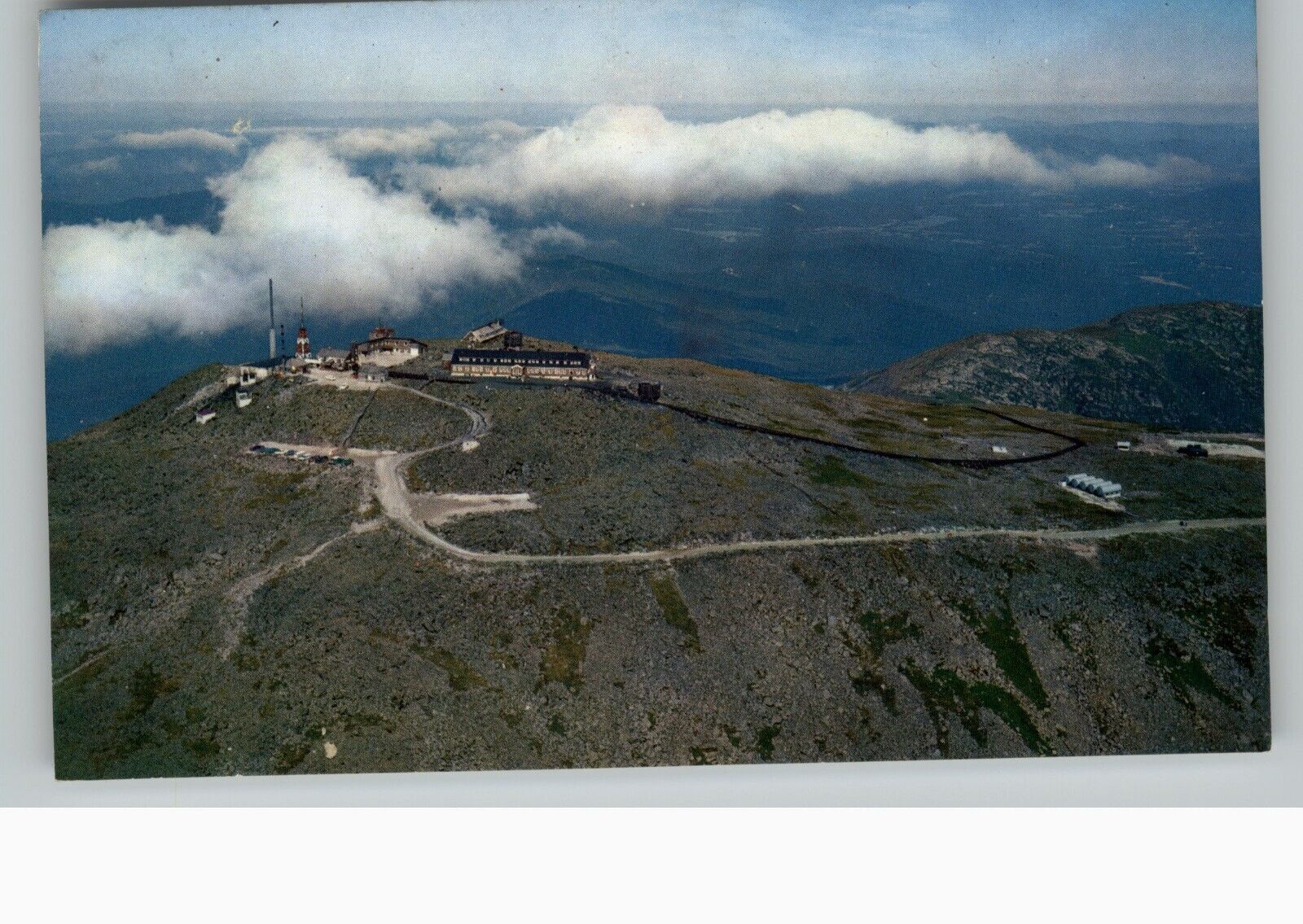 Postcard Aerial View Summit House Hotel Mt Washington Weather Station TV Station