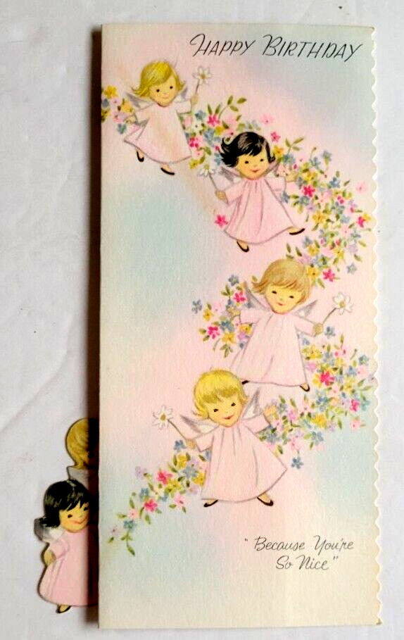 Vintage 1960s 8 Angels With Flowers Pull Out Unused Birthday Card Adorable 