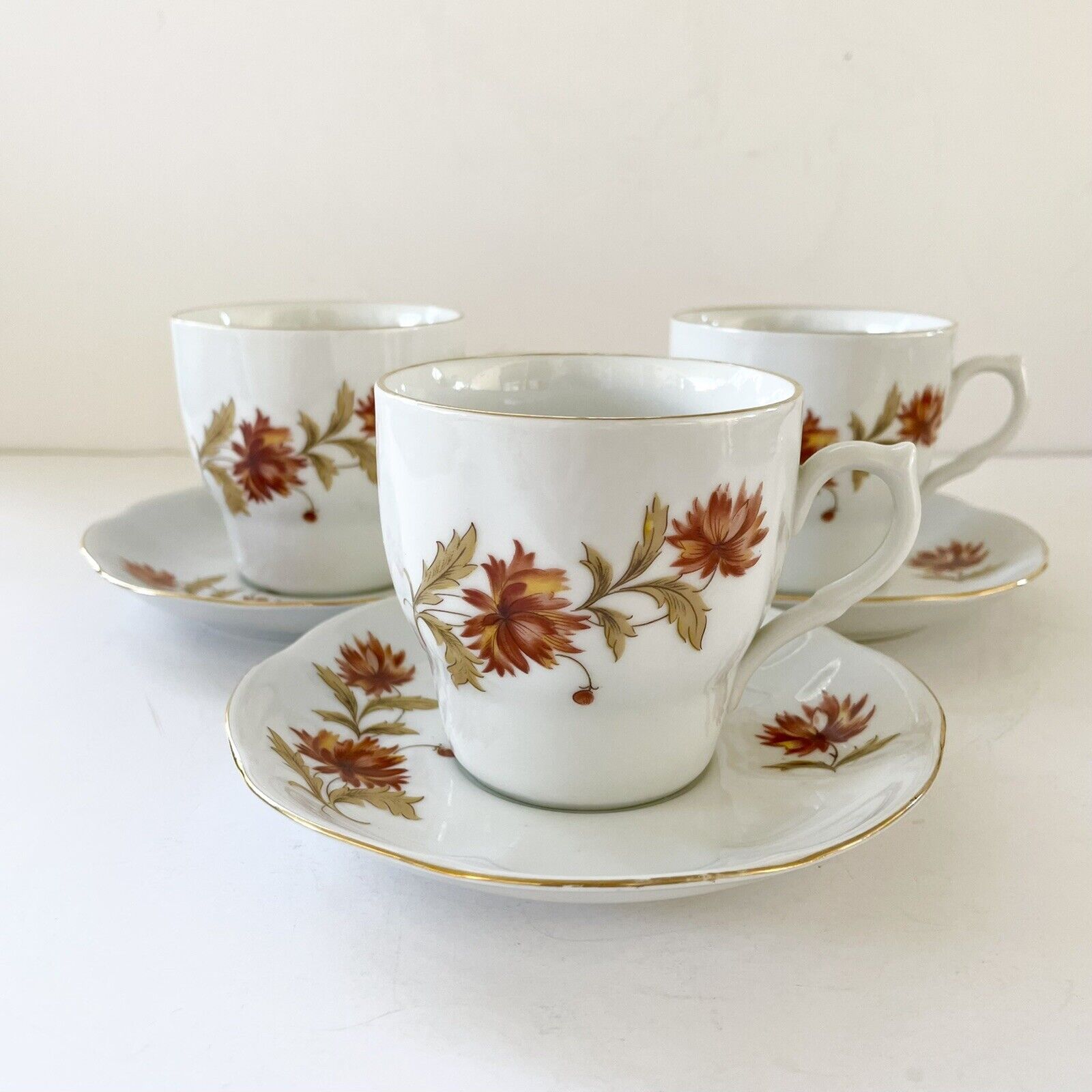 Vtg Regent Romania Fine Porcelain Floral Tea Cup Saucer Set 3 Mid Century c1970