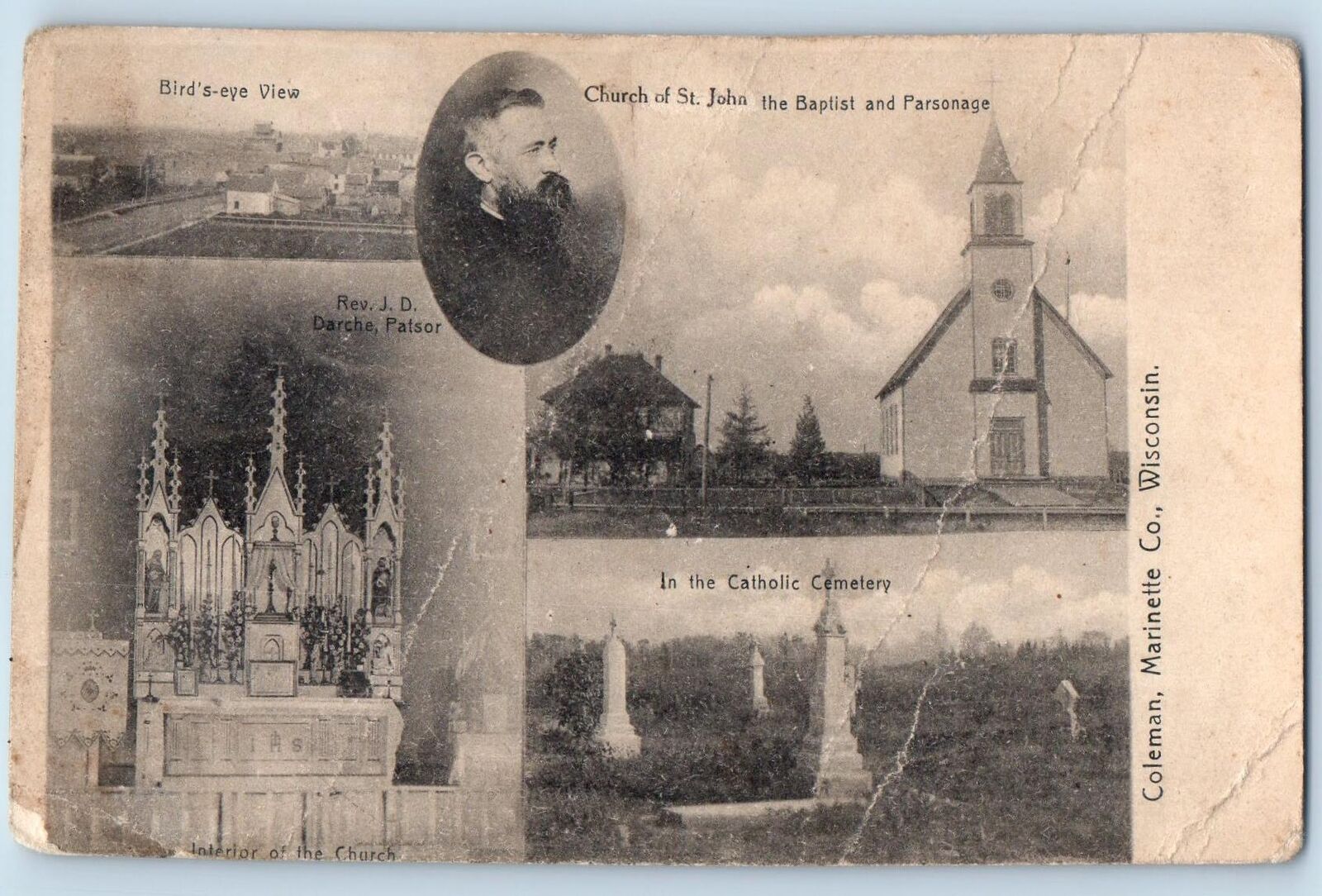 Marinette County Wisconsin Postcard Interior Church And Catholic Cemetery 1909