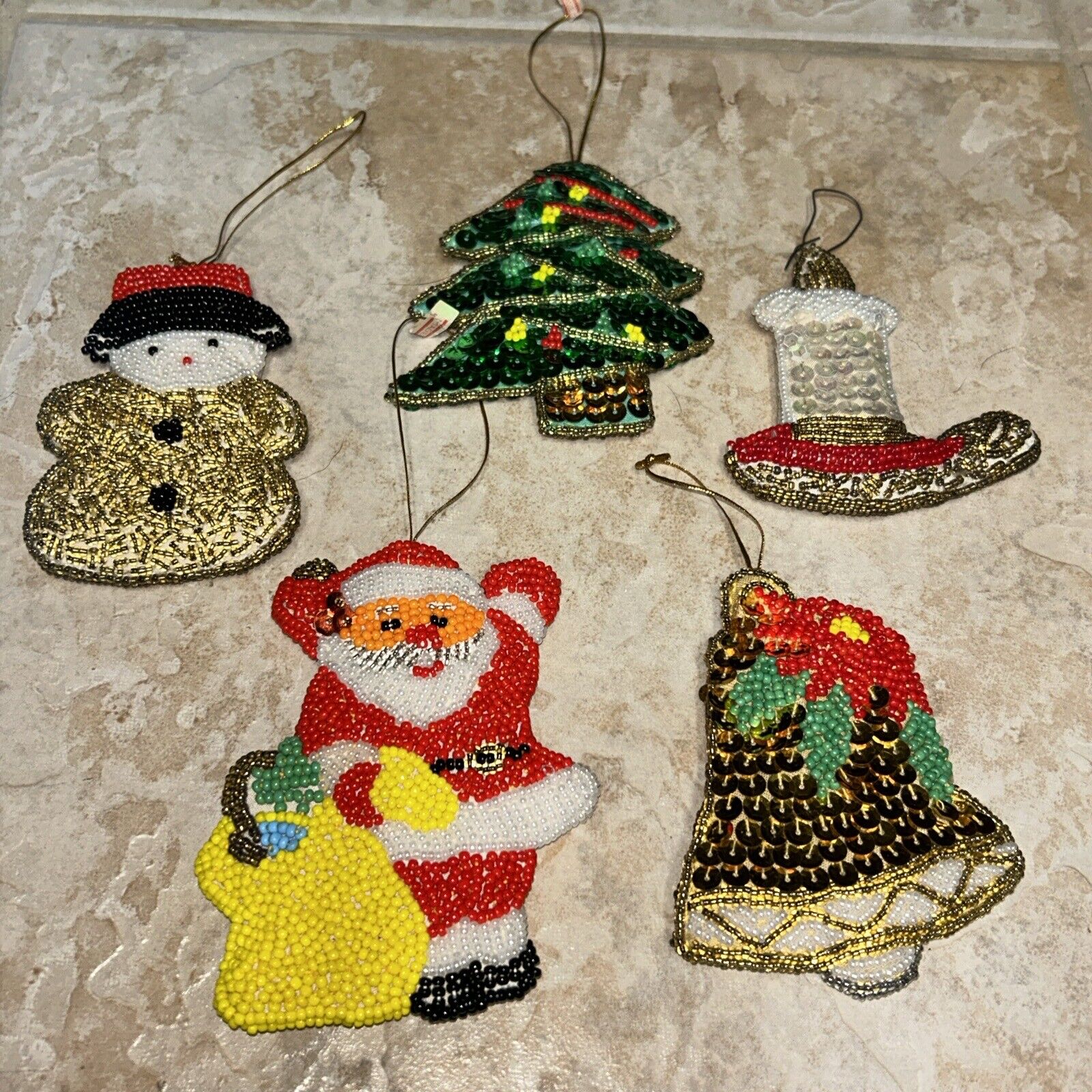 (5) Lot Vintage Beaded Sequins Flat Soft Christmas Ornaments 