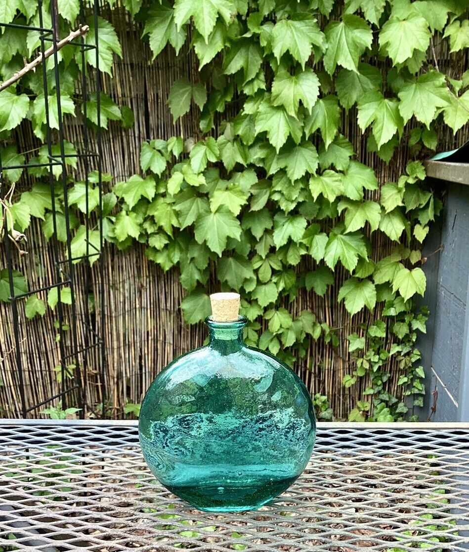  Vintage Blue Round Corked Bottle Witch Apothecary Jar