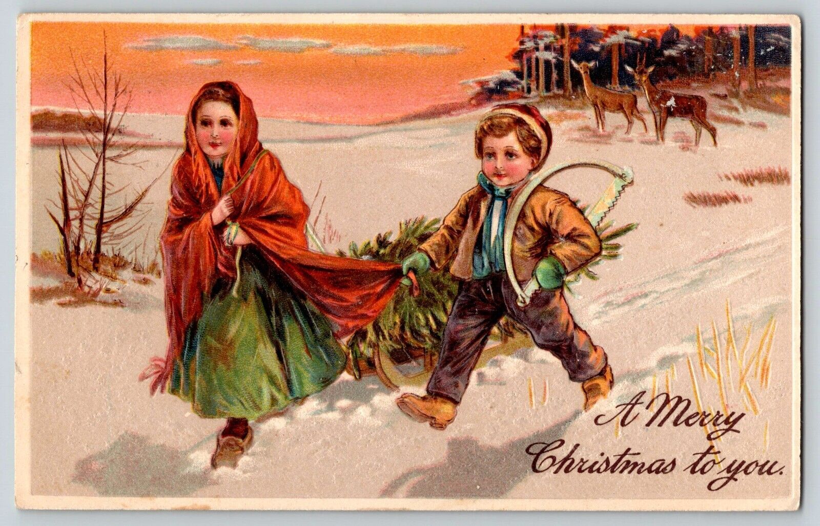Postcard Christmas - Children Cutting Down Tree - Embossed 1908