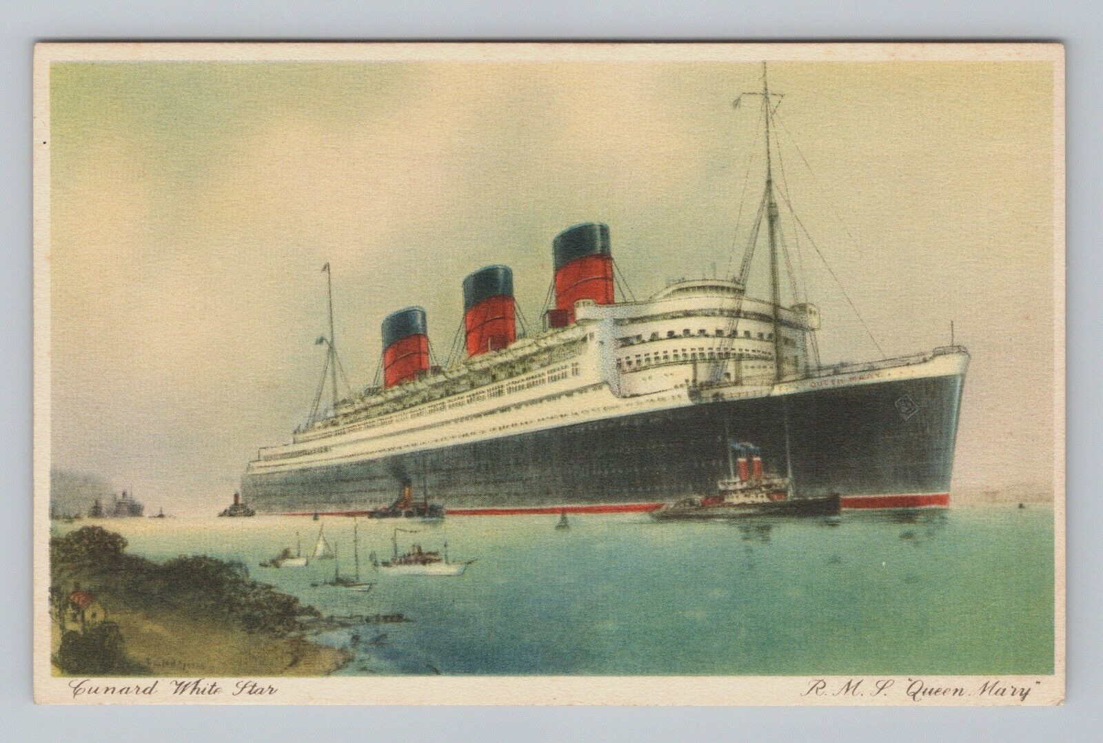 Postcard Linen Ship RMS Queen Mary Cunard White Star Line Tug Boats Travel View