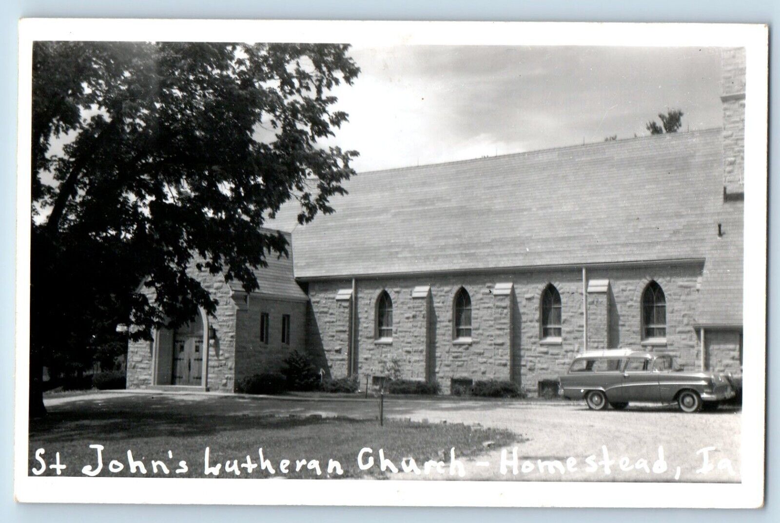 Homestead Iowa IA Postcard RPPC Photo St. John's Lutheran Church Car c1940's