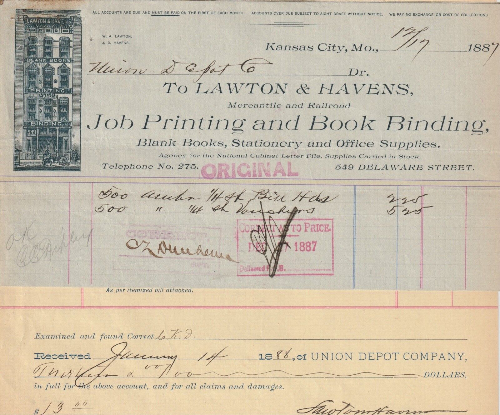 1887 BILLHEADS  LAWTON & HAVENS, JOB PRINTING KANSAS CITY. MO. TO UNION DEPOT CO