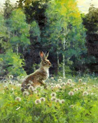 Excellent oil painting lovely animal rabbit hare in spring field hand painted