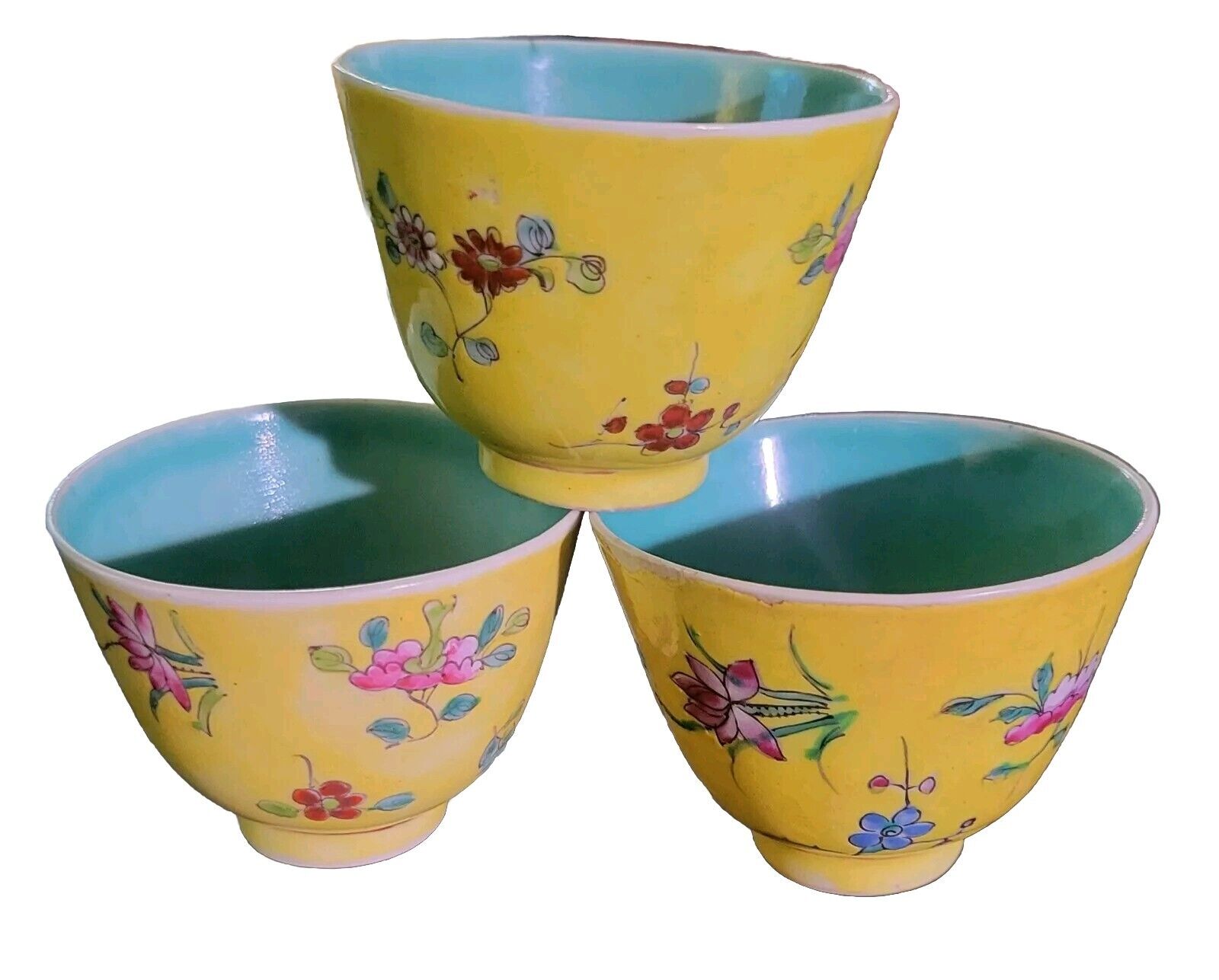 Antique Chinese Export Famille Jaune Tea Cups, Circa Early 1900's, Set Of 3